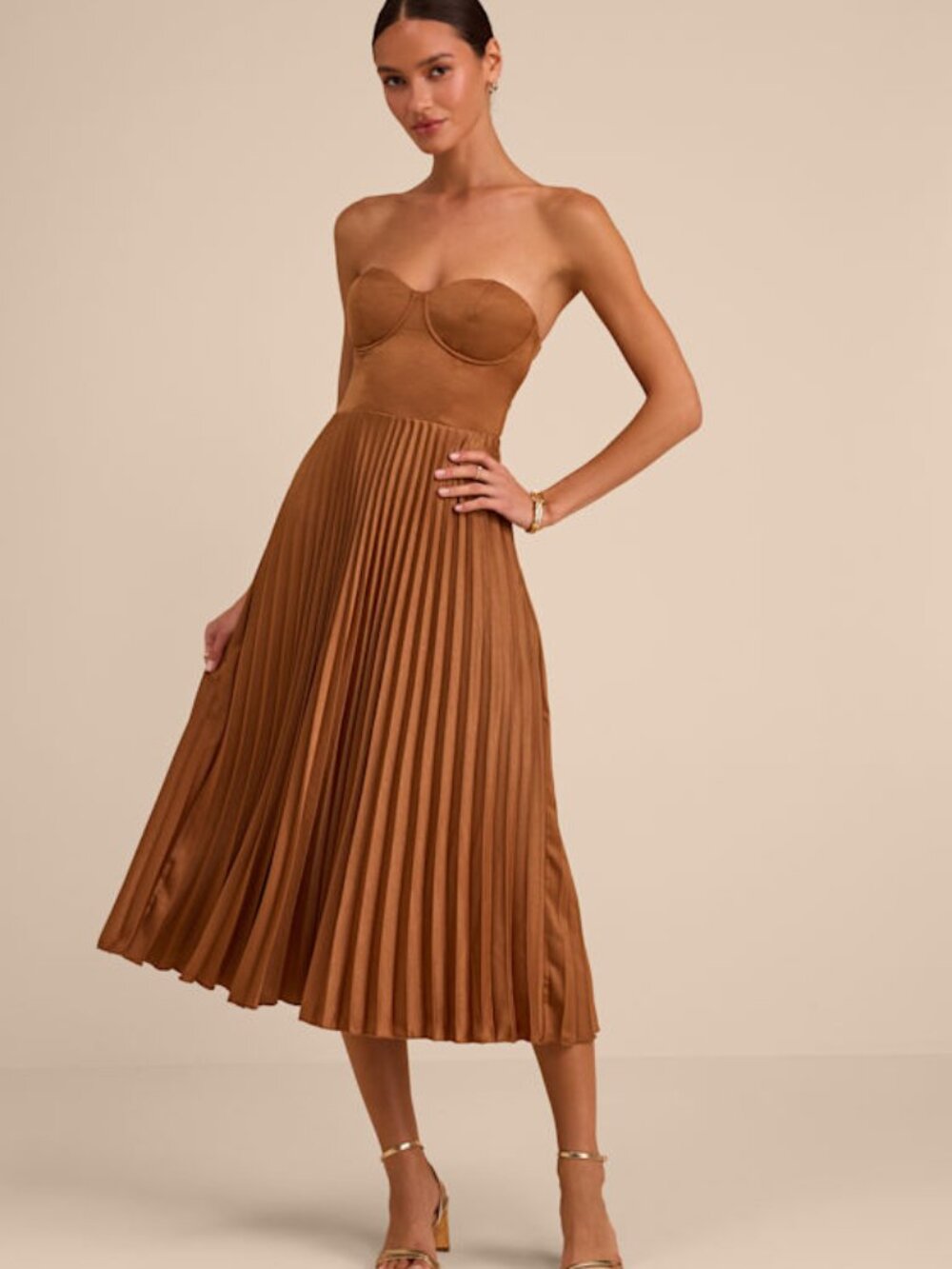Lulus Irelyn Light Brown Satin Bustier Midi Dress - Size XS